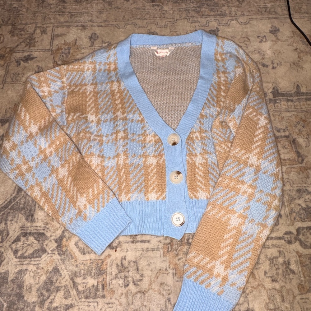 No Boundaries Light Blue and Tan Plaid Cardigan